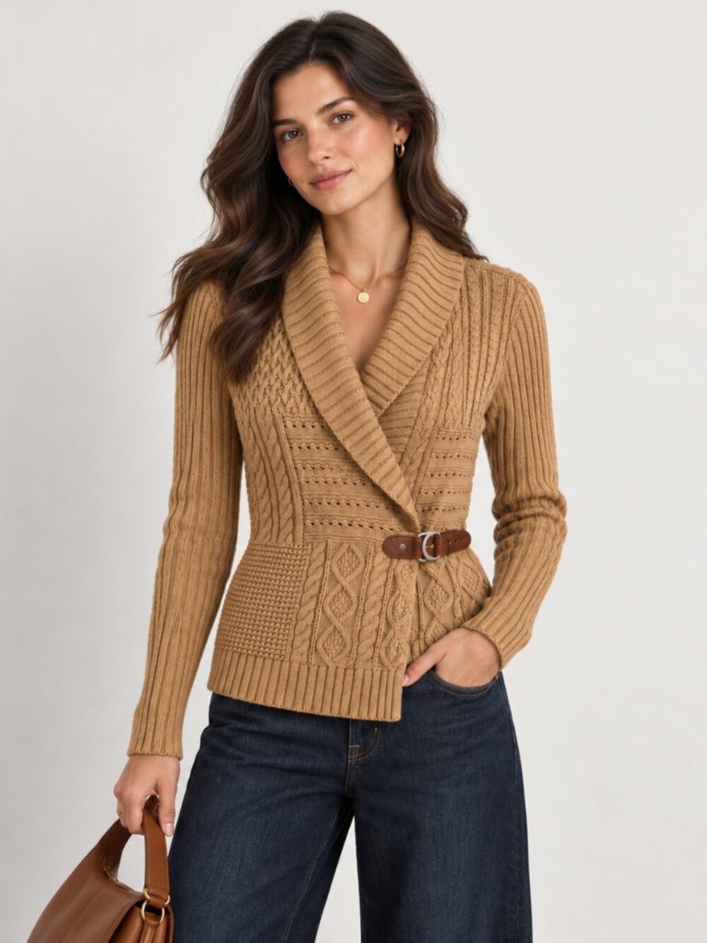 Lauren Ralph Lauren Buckled Cotton Cable Knit Shawl Cardigan Sweater Preppy M